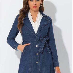 Allegra K Blue Jean Jacket with Belted Waist and Lapel Collar